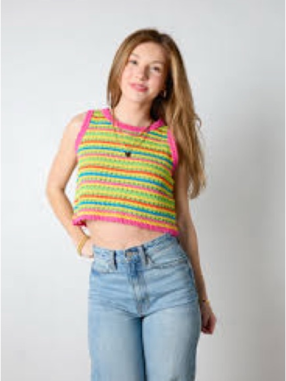 Striped Crochet Crop Tank Top in Pink Trim